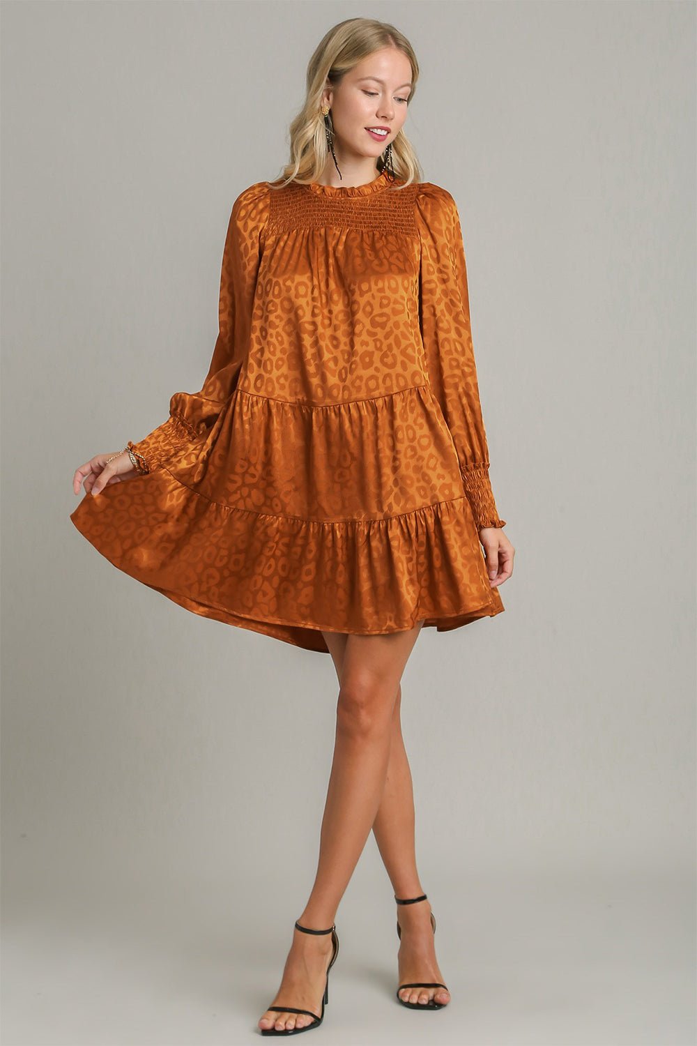 UMGEE - Smocked Long Sleeve Satin Mini Dress in Copper Leopard