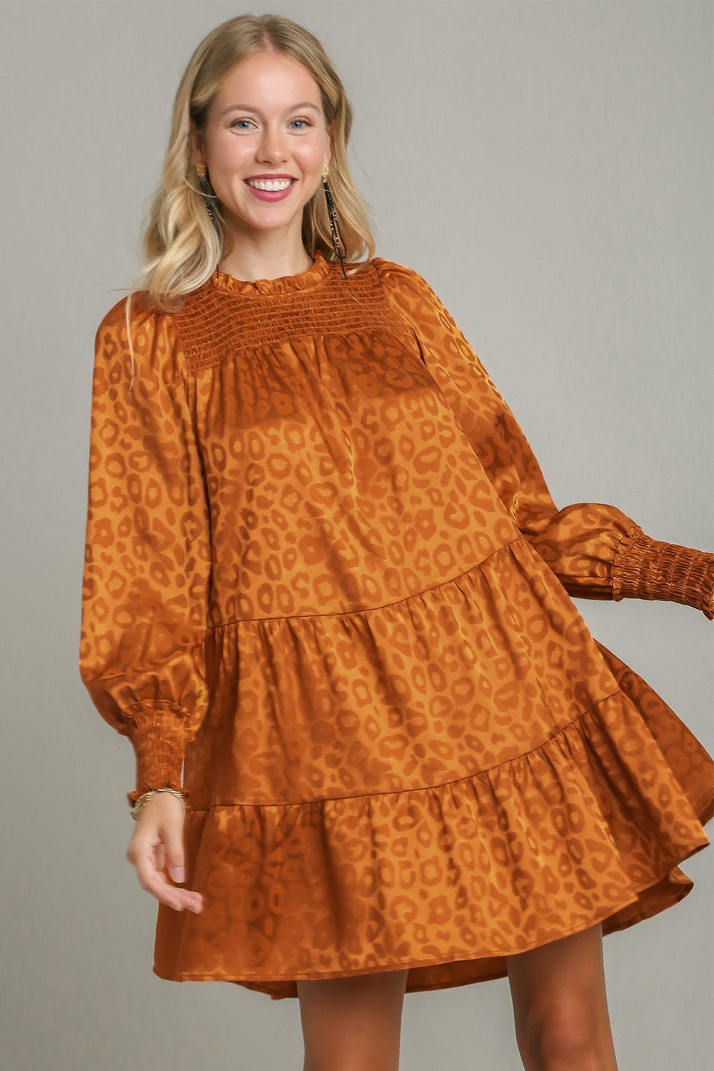 UMGEE - Smocked Long Sleeve Satin Mini Dress in Copper Leopard