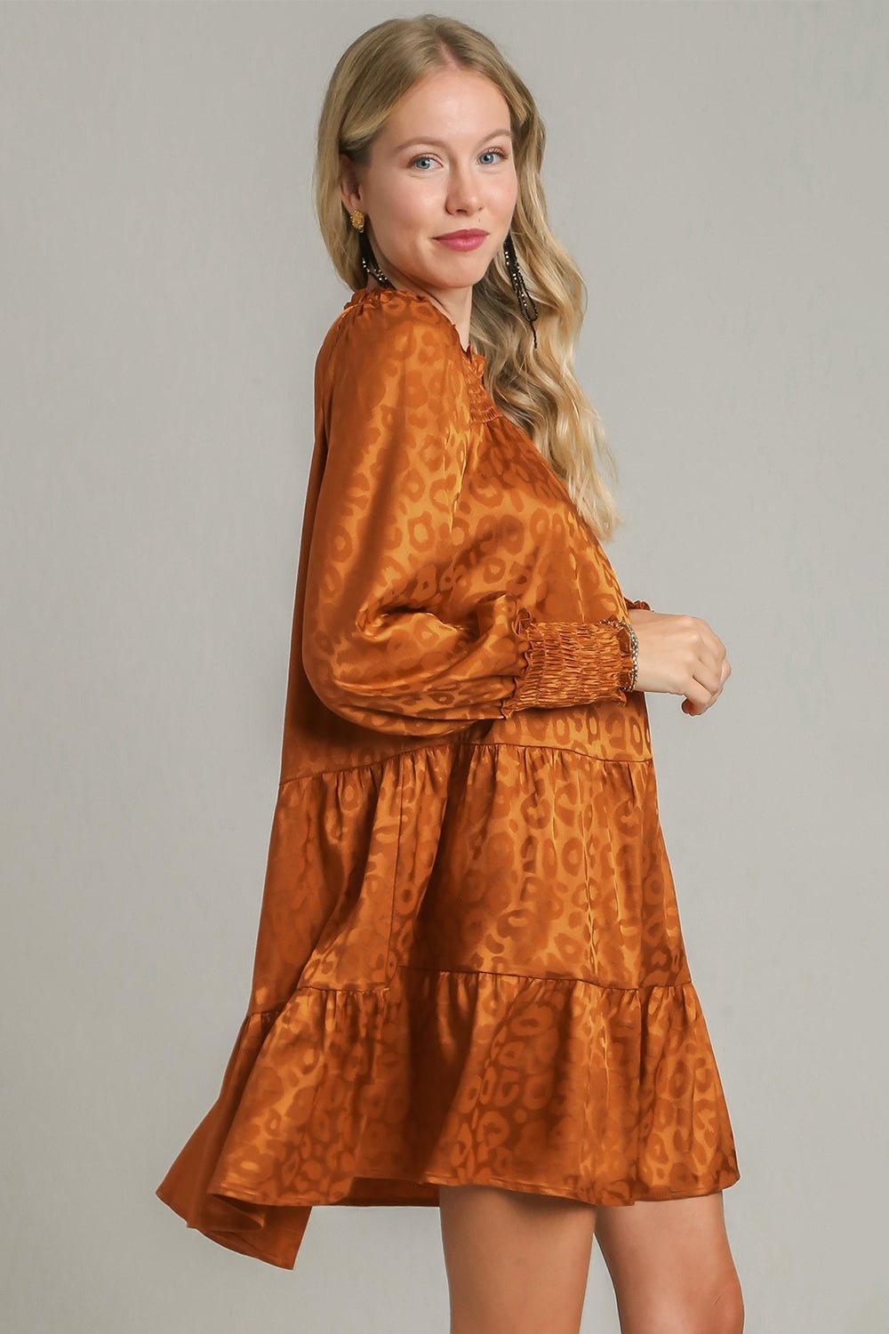 UMGEE - Smocked Long Sleeve Satin Mini Dress in Copper Leopard