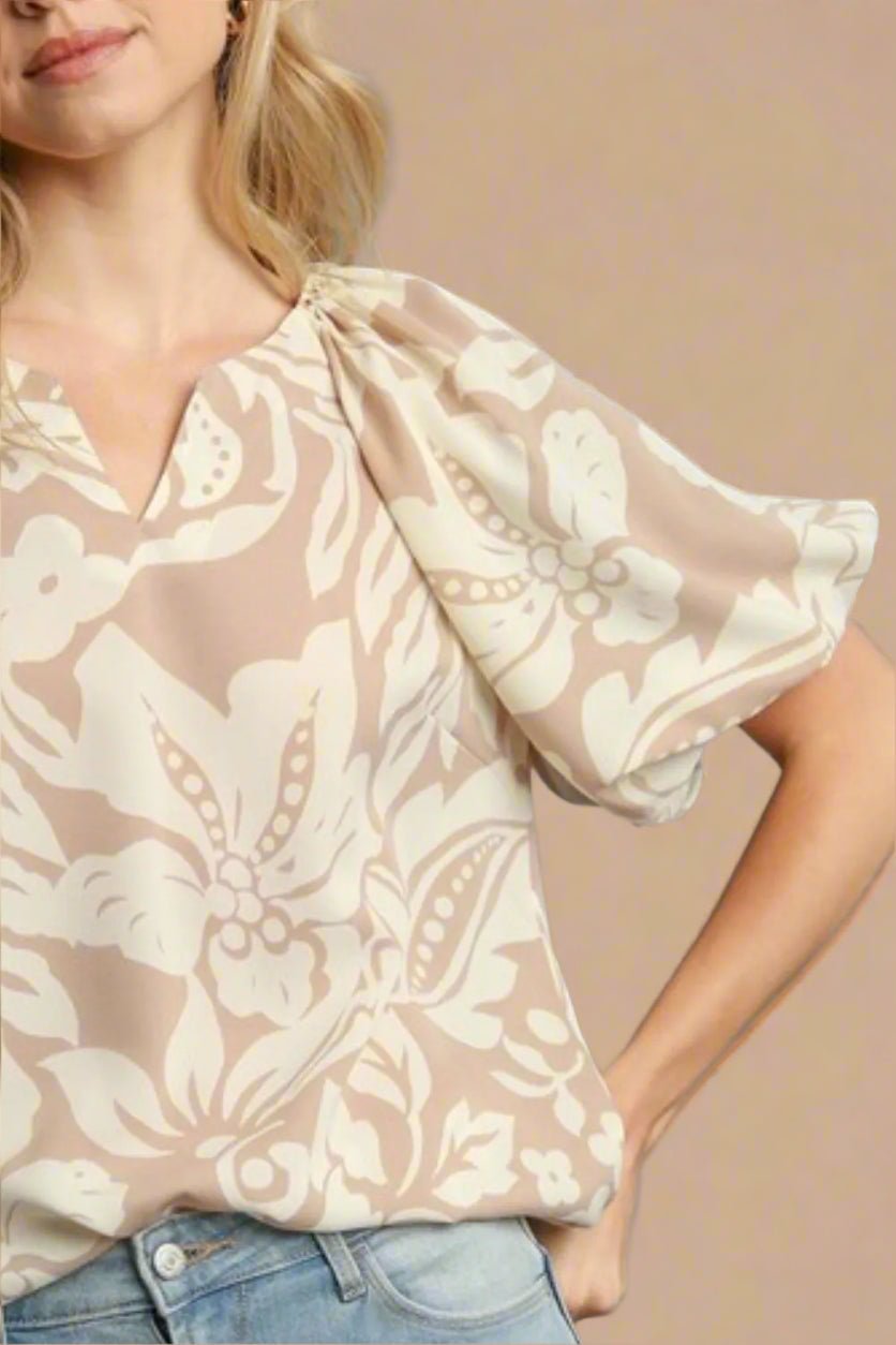 UMGEE - Taupe Floral Puff Sleeve Top