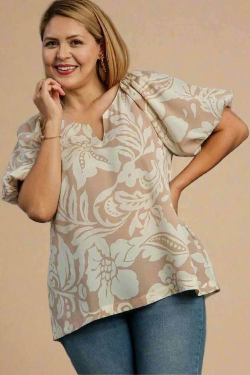 UMGEE - Taupe Floral Puff Sleeve Top