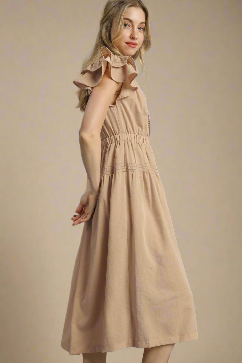 UMGEE - Taupe Flutter Sleeve Smocked Waist Midi Dress