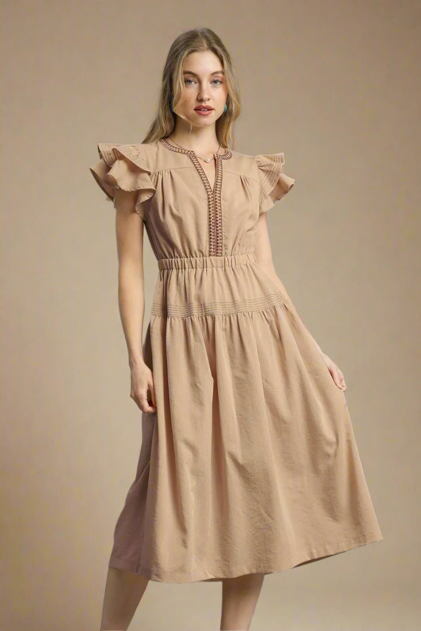 UMGEE - Taupe Flutter Sleeve Smocked Waist Midi Dress