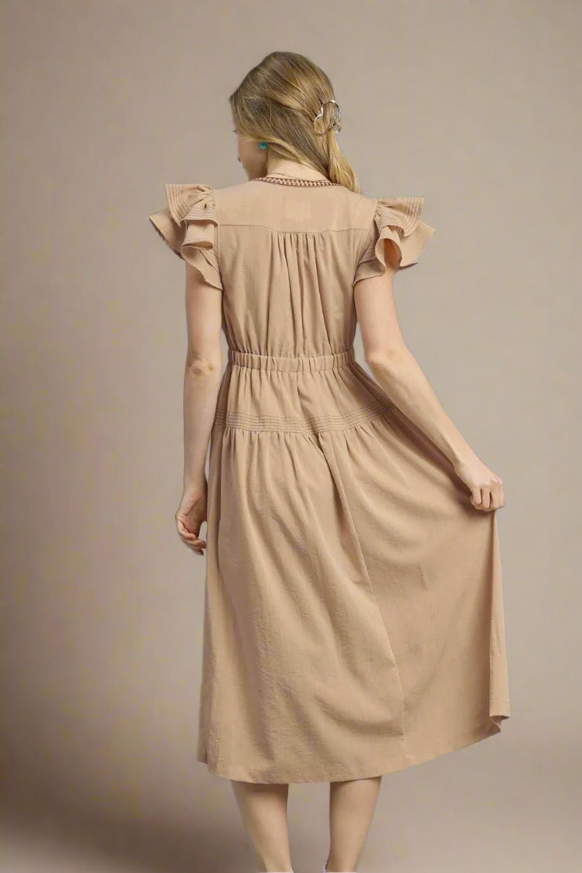 UMGEE - Taupe Flutter Sleeve Smocked Waist Midi Dress