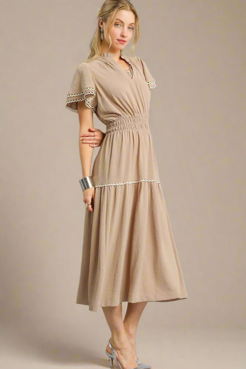 UMGEE - Taupe Smocked Waist Midi Dress with Crochet Trim