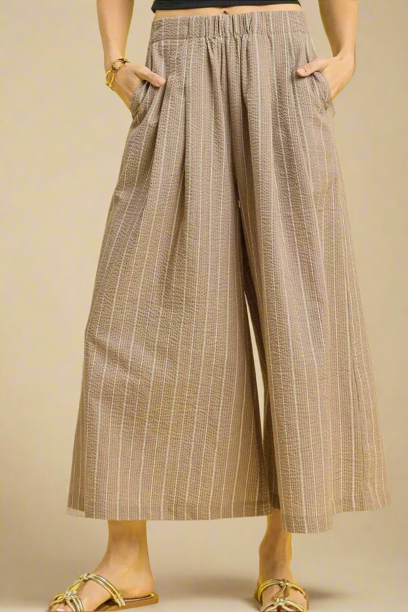 UMGEE - Taupe Striped Wide Leg Pants with Pockets