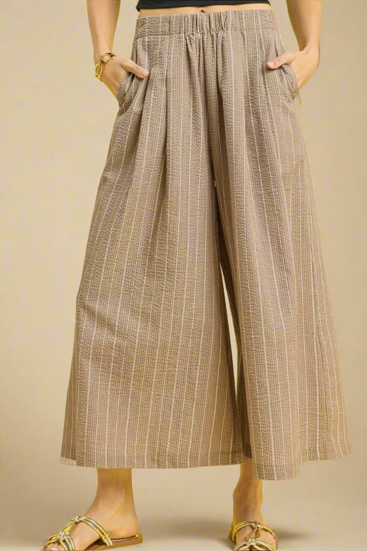 UMGEE - Taupe Striped Wide Leg Pants with Pockets