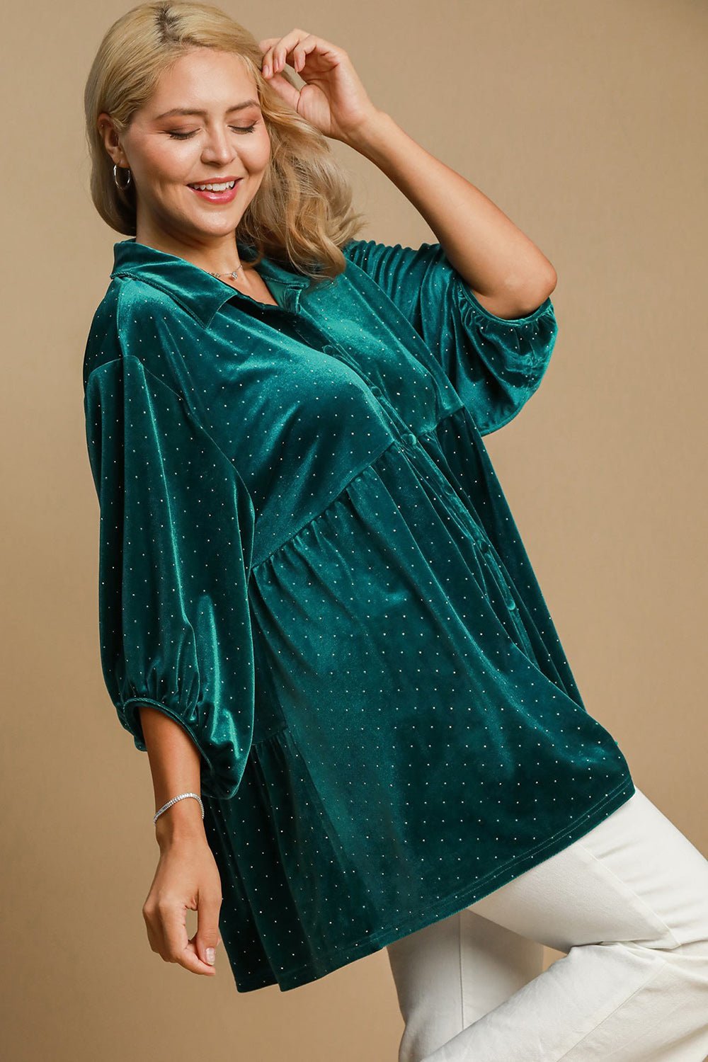 UMGEE - Teal Green Ditsy Dot Velvet Top