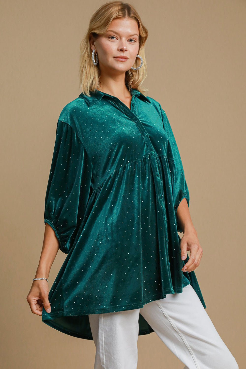 UMGEE - Teal Green Ditsy Dot Velvet Top