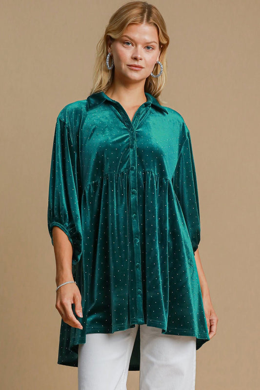 UMGEE - Teal Green Ditsy Dot Velvet Top