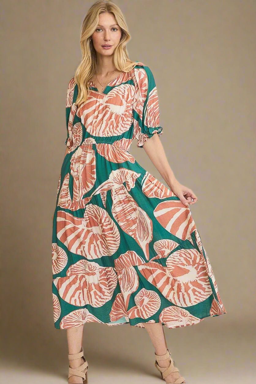 UMGEE - Teal Shell Print Puff Sleeve Midi Dress