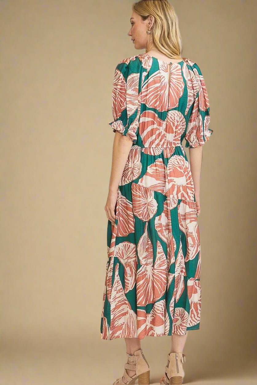 UMGEE - Teal Shell Print Puff Sleeve Midi Dress