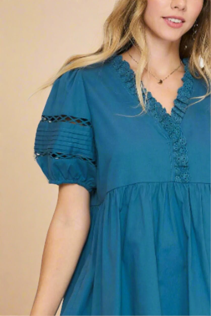 UMGEE - Teal V - Neck Babydoll Mini Dress