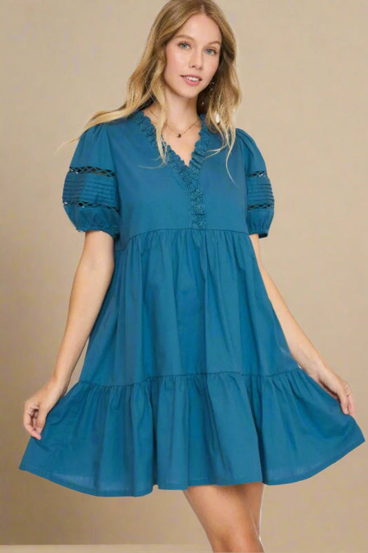 UMGEE - Teal V - Neck Babydoll Mini Dress