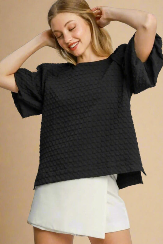UMGEE - Textured Black Puff Sleeve Blouse