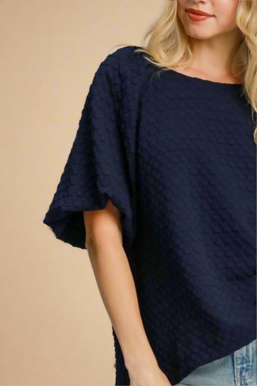 UMGEE - Textured Dark Navy Puff Sleeve Blouse