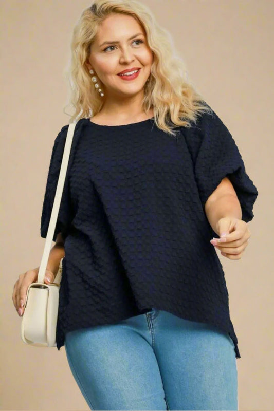 UMGEE - Textured Dark Navy Puff Sleeve Blouse