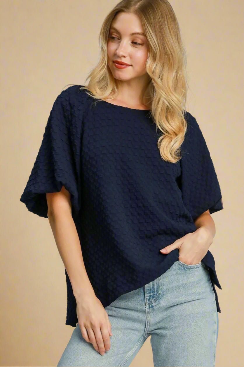 UMGEE - Textured Dark Navy Puff Sleeve Blouse