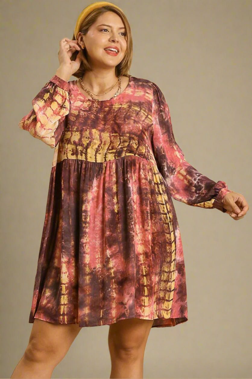 UMGEE - Tie Dye Babydoll Mini Dress in Coral & Mocha