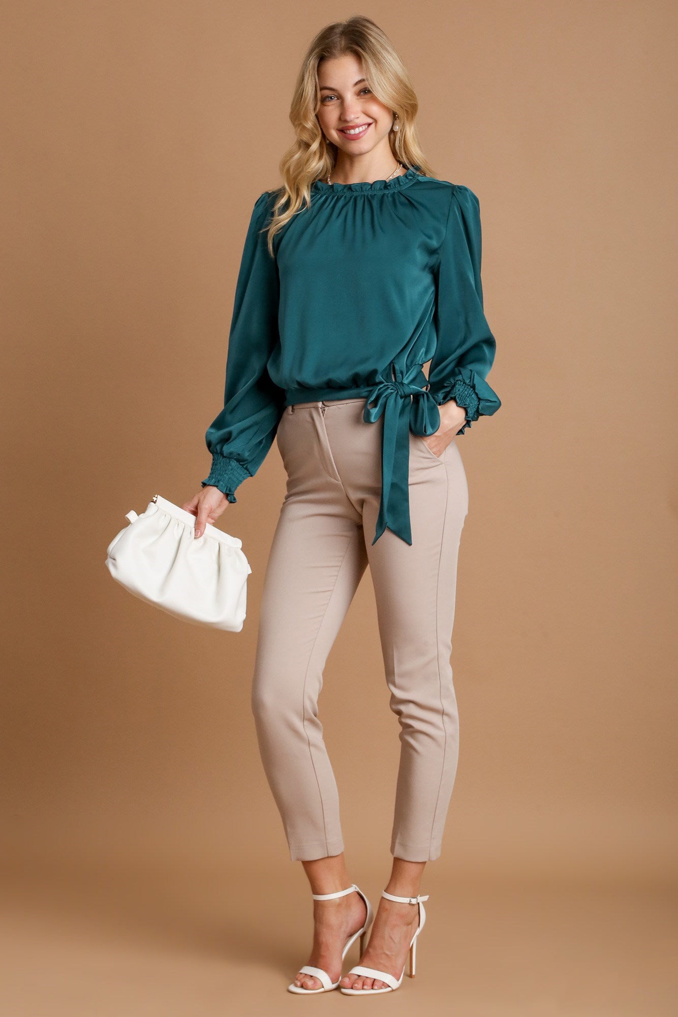 UMGEE - Tied Hem Long Sleeve Satin Blouse in Deep Teal