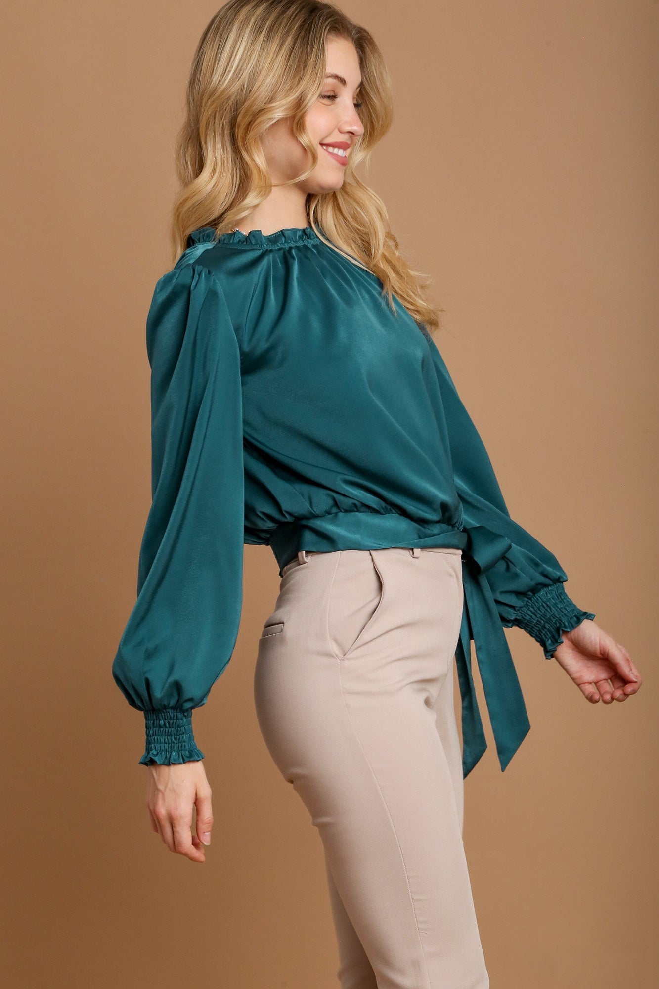 UMGEE - Tied Hem Long Sleeve Satin Blouse in Deep Teal