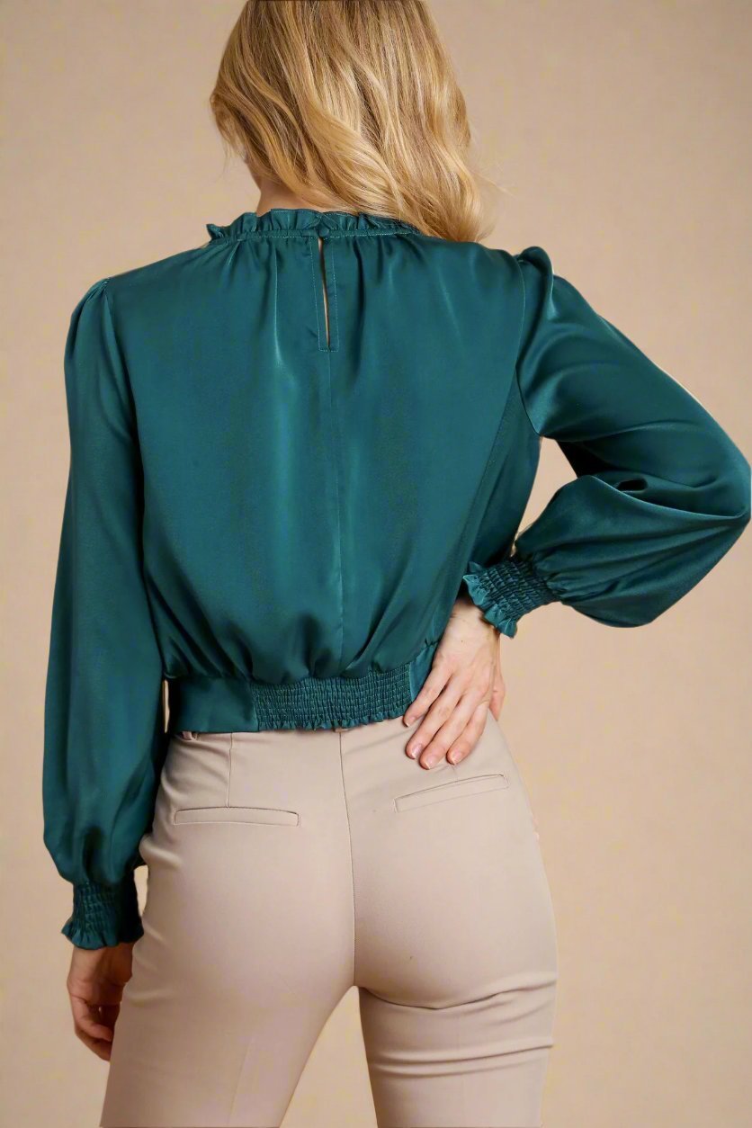 UMGEE - Tied Hem Long Sleeve Satin Blouse in Deep Teal