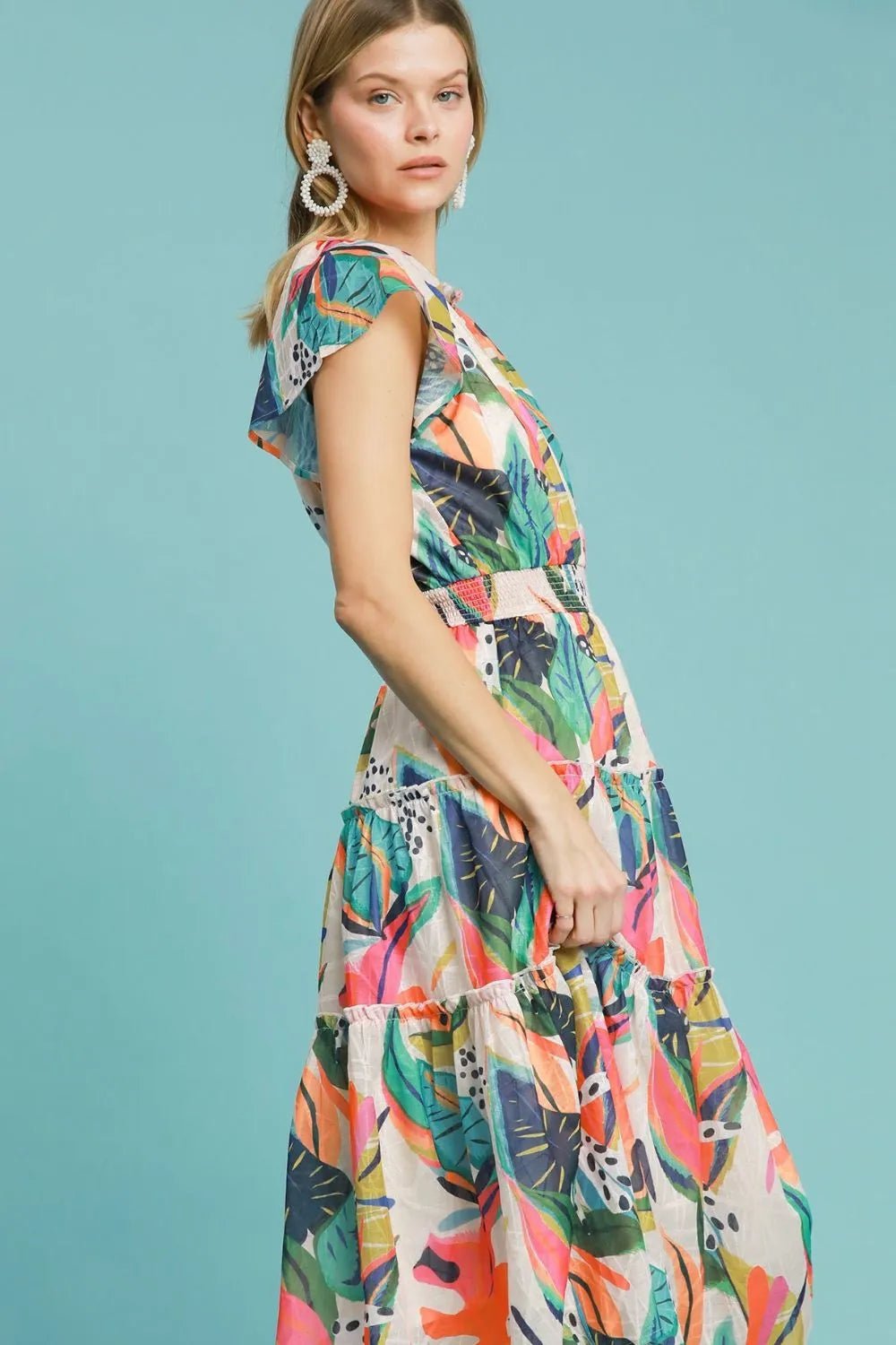 UMGEE - Tropical Multi Print Tiered Midi Dress