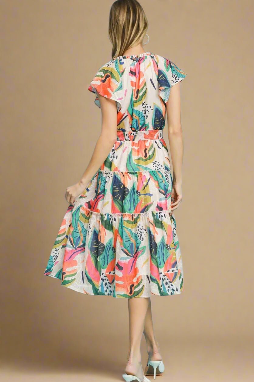 UMGEE - Tropical Multi Print Tiered Midi Dress