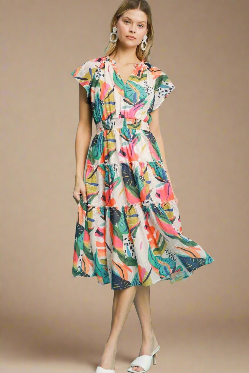 UMGEE - Tropical Multi Print Tiered Midi Dress