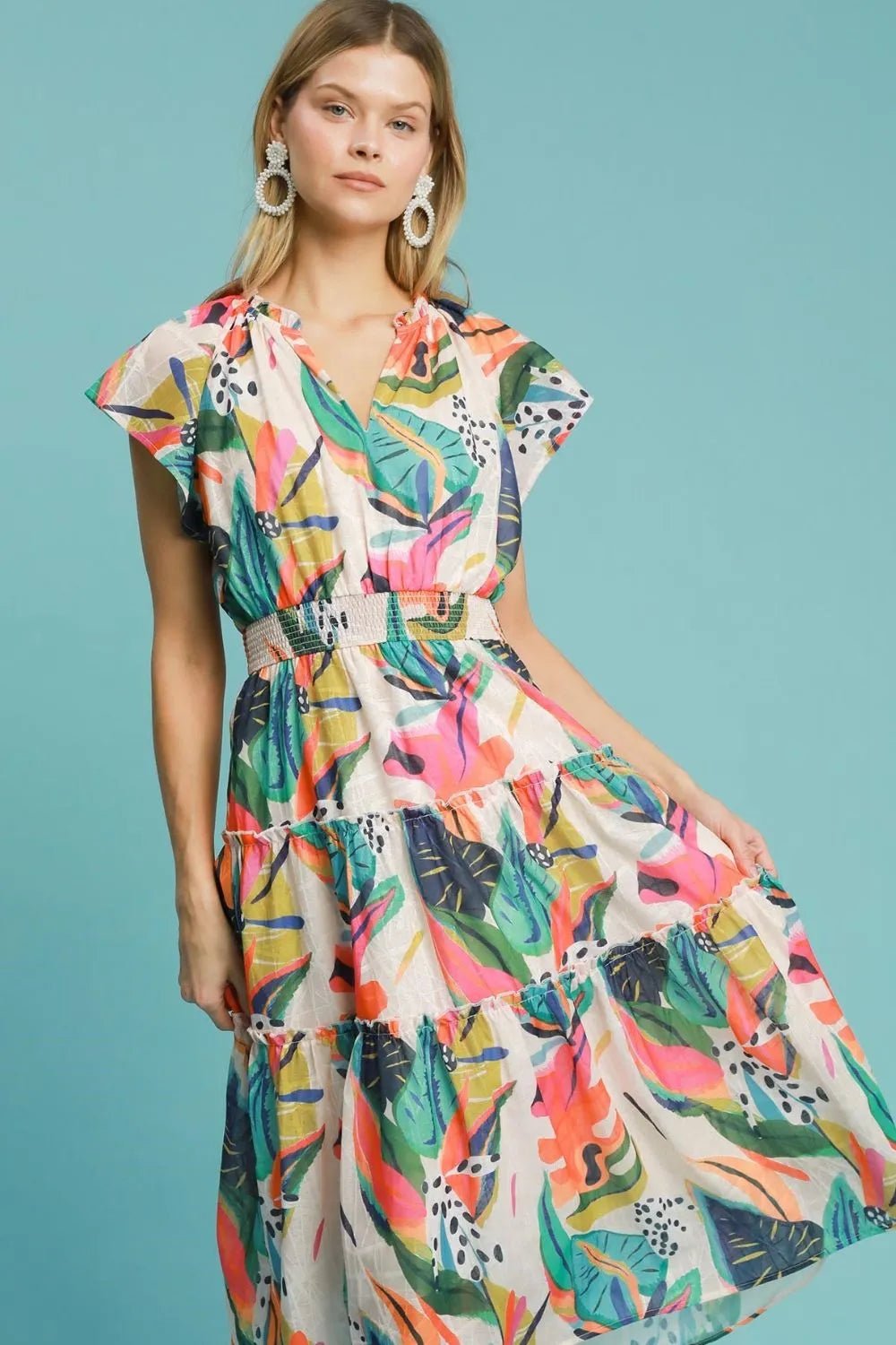 UMGEE - Tropical Multi Print Tiered Midi Dress