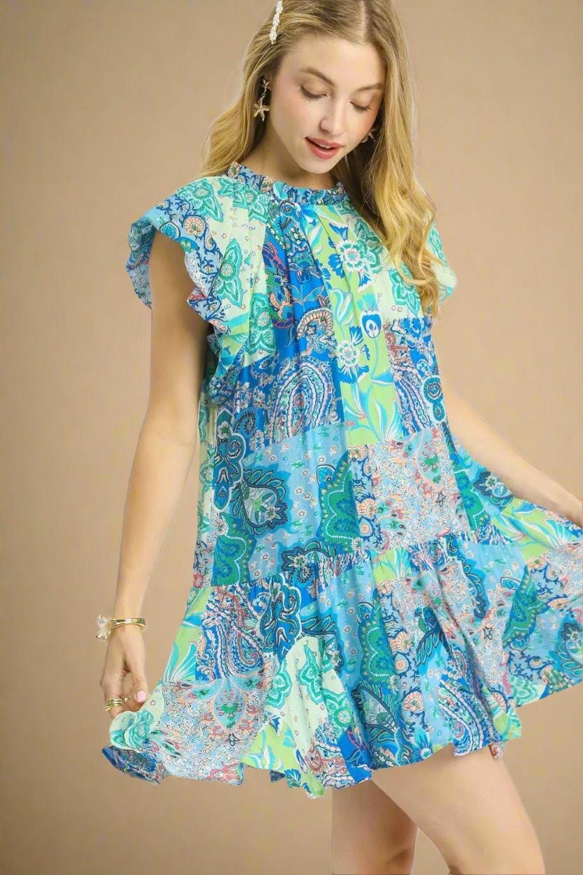 UMGEE - Turquoise & Aqua Paisley Patchwork Ruffle Hem Mini Dress
