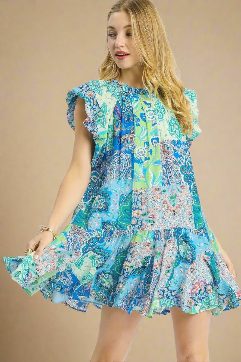 UMGEE - Turquoise & Aqua Paisley Patchwork Ruffle Hem Mini Dress