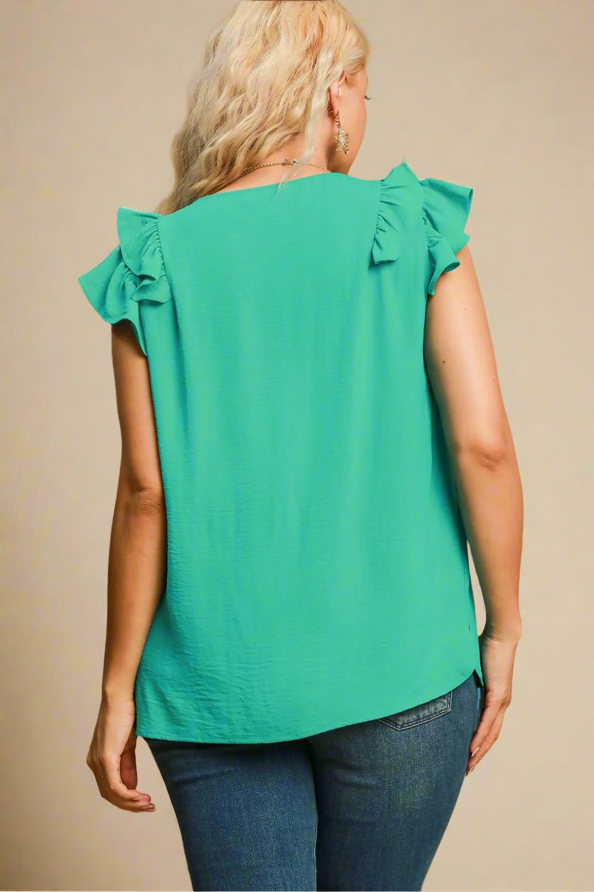 UMGEE - V - Neck Ruffle Sleeve Blouse in Minty Teal