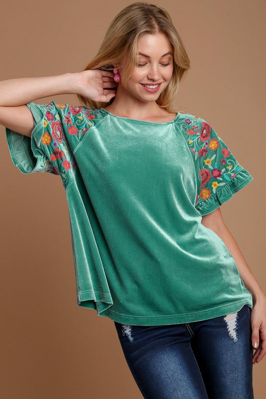 UMGEE - Velvet Embroidered Short Sleeve Blouse in Turquoise