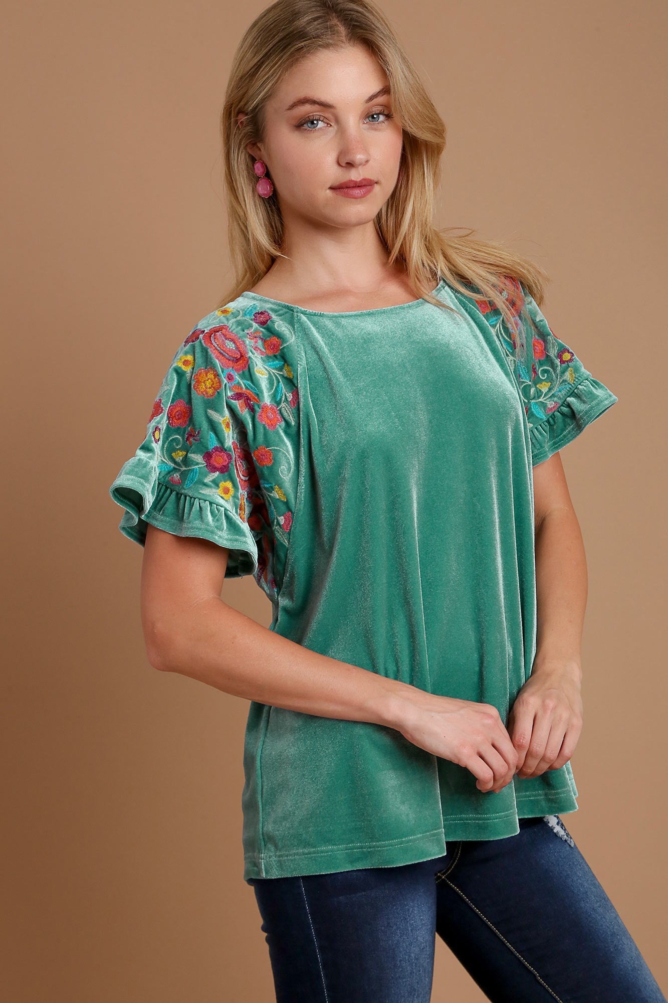 UMGEE - Velvet Embroidered Short Sleeve Blouse in Turquoise