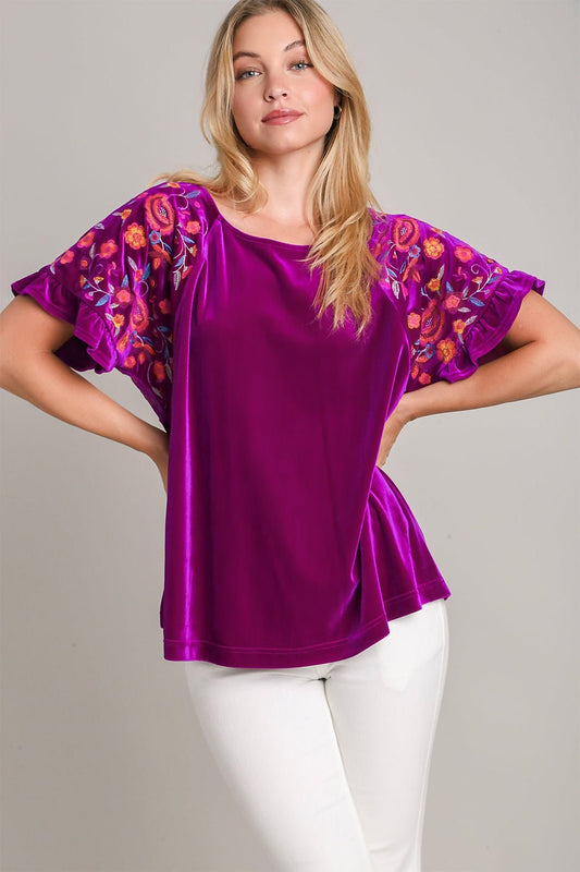 UMGEE - Velvet Embroidered Short Sleeve Blouse in Violet