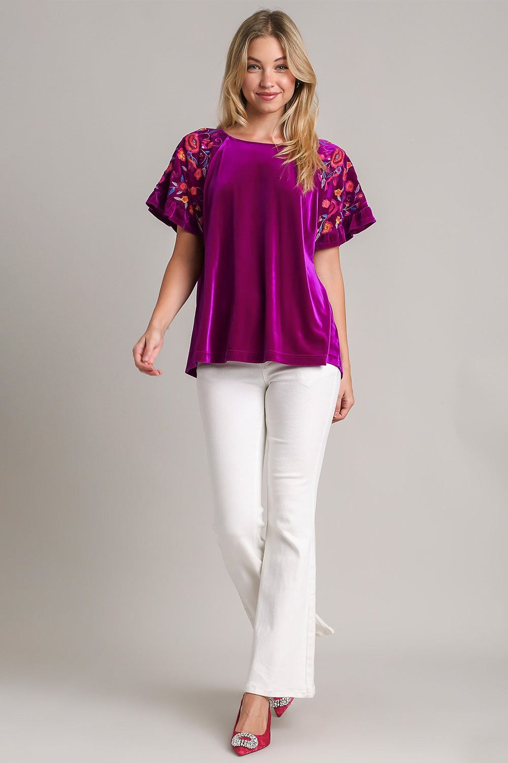 UMGEE - Velvet Embroidered Short Sleeve Blouse in Violet