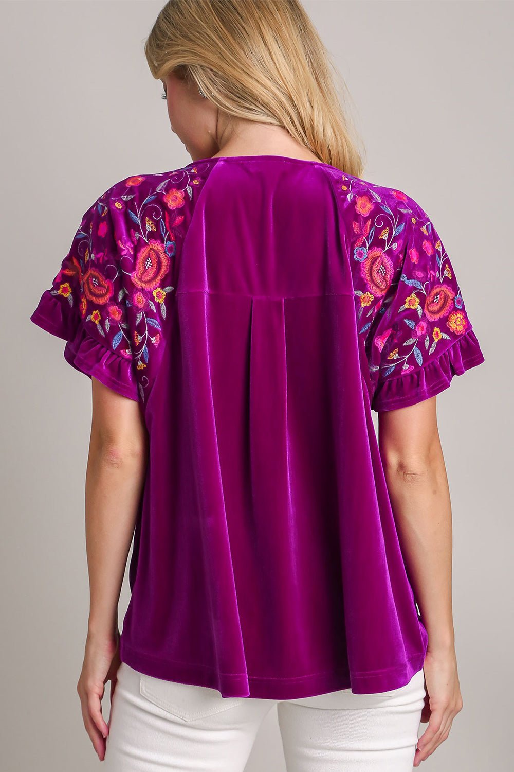UMGEE - Velvet Embroidered Short Sleeve Blouse in Violet