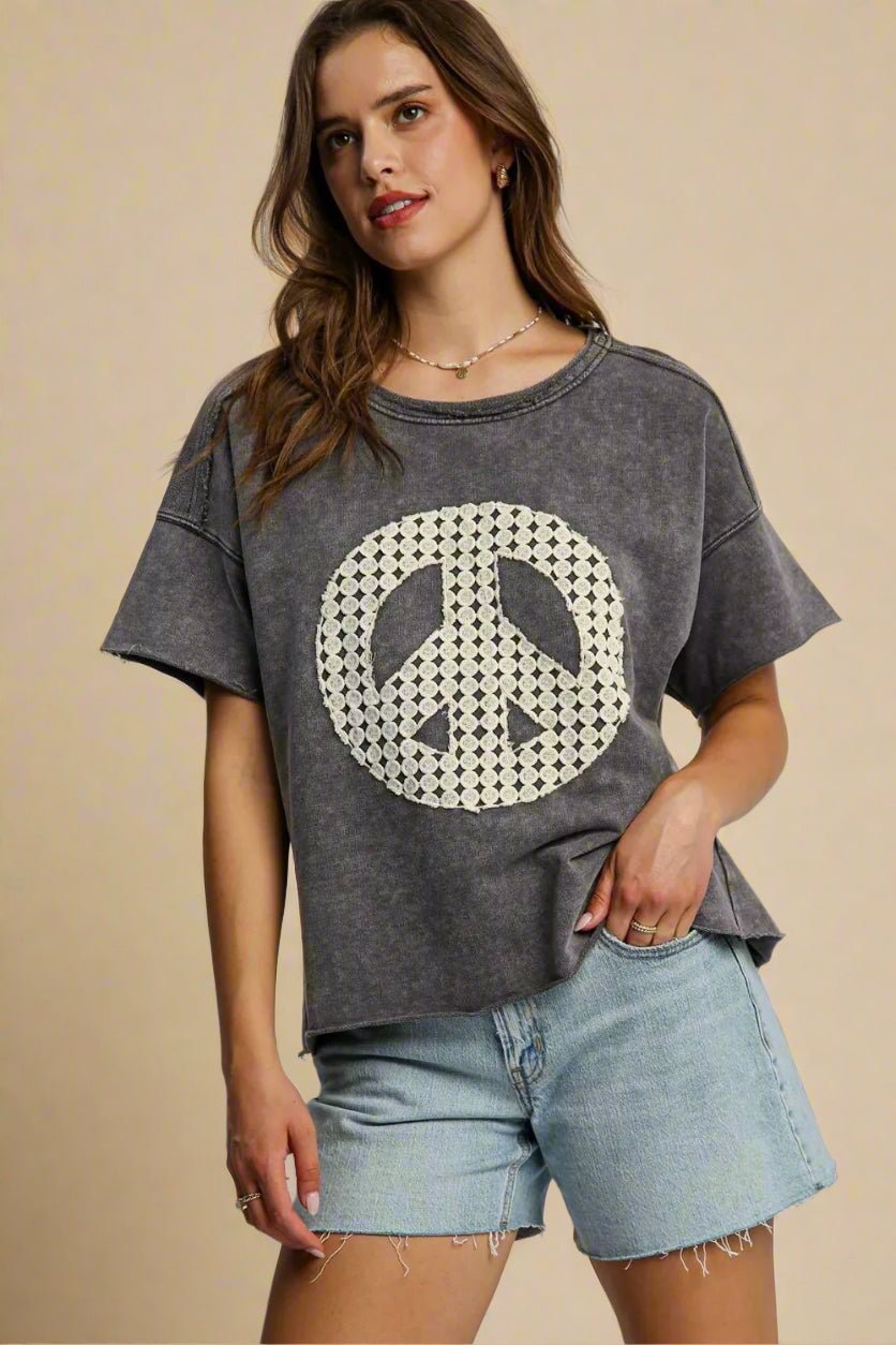 UMGEE - Washed Black Crochet Peace Tee
