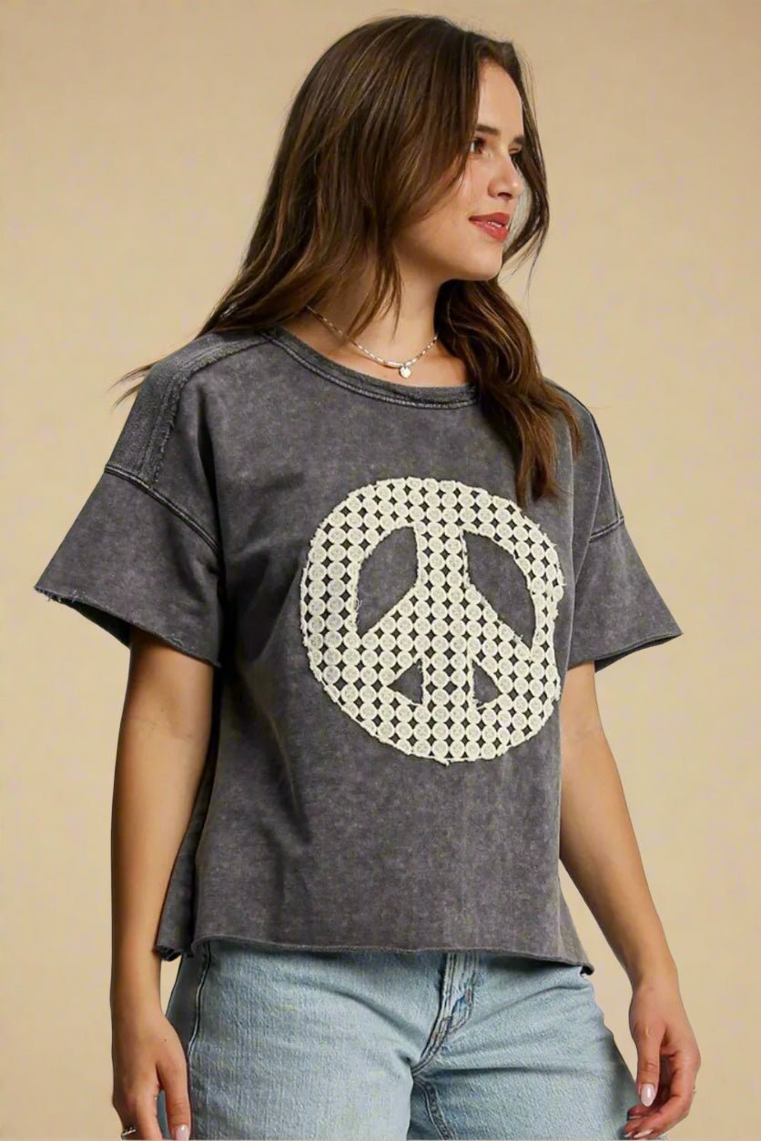 UMGEE - Washed Black Crochet Peace Tee