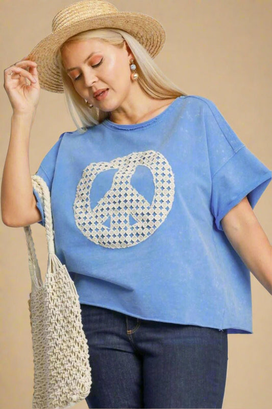 UMGEE - Washed Blue Crochet Peace Tee