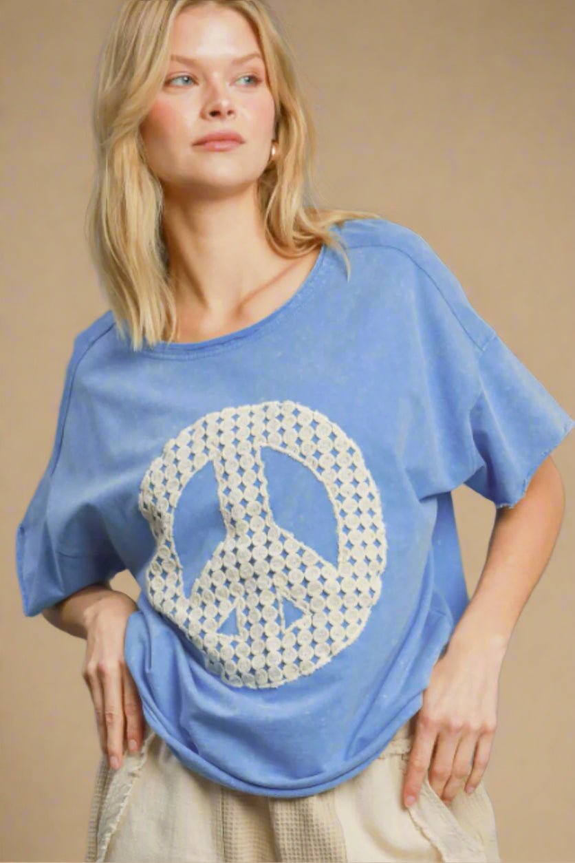 UMGEE - Washed Blue Crochet Peace Tee