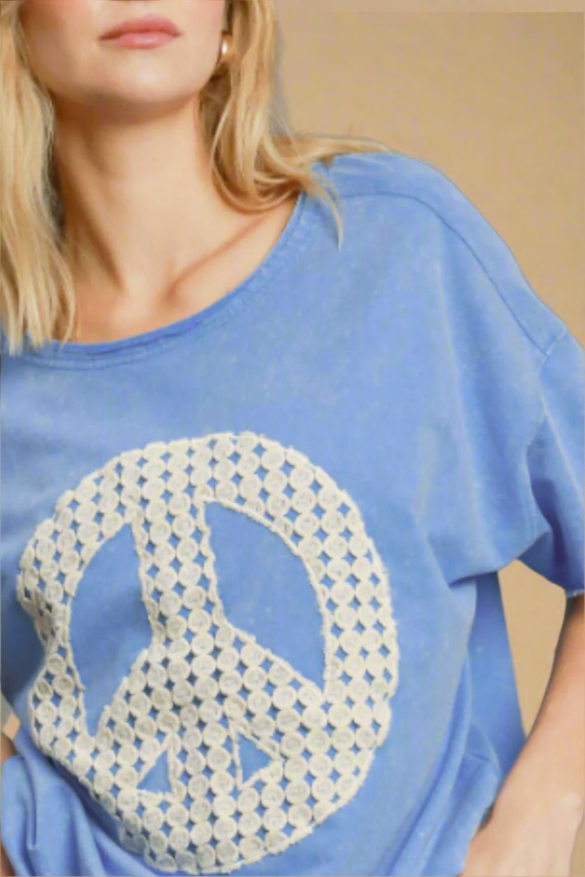 UMGEE - Washed Blue Crochet Peace Tee