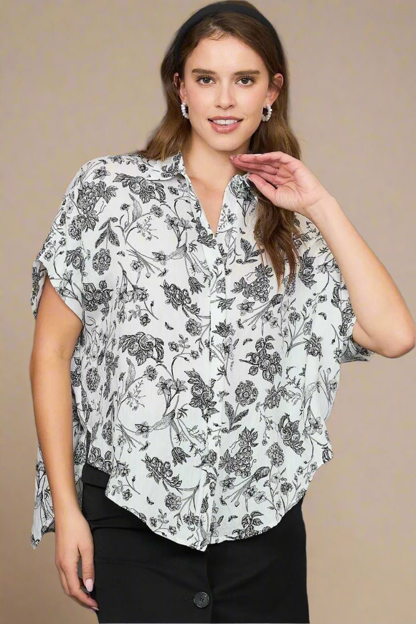 UMGEE - White & Black Botanical Button Down Top