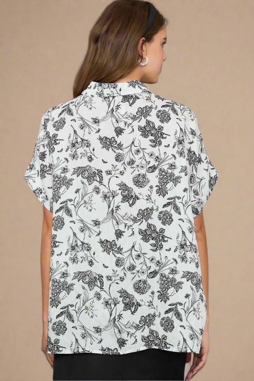 UMGEE - White & Black Botanical Button Down Top