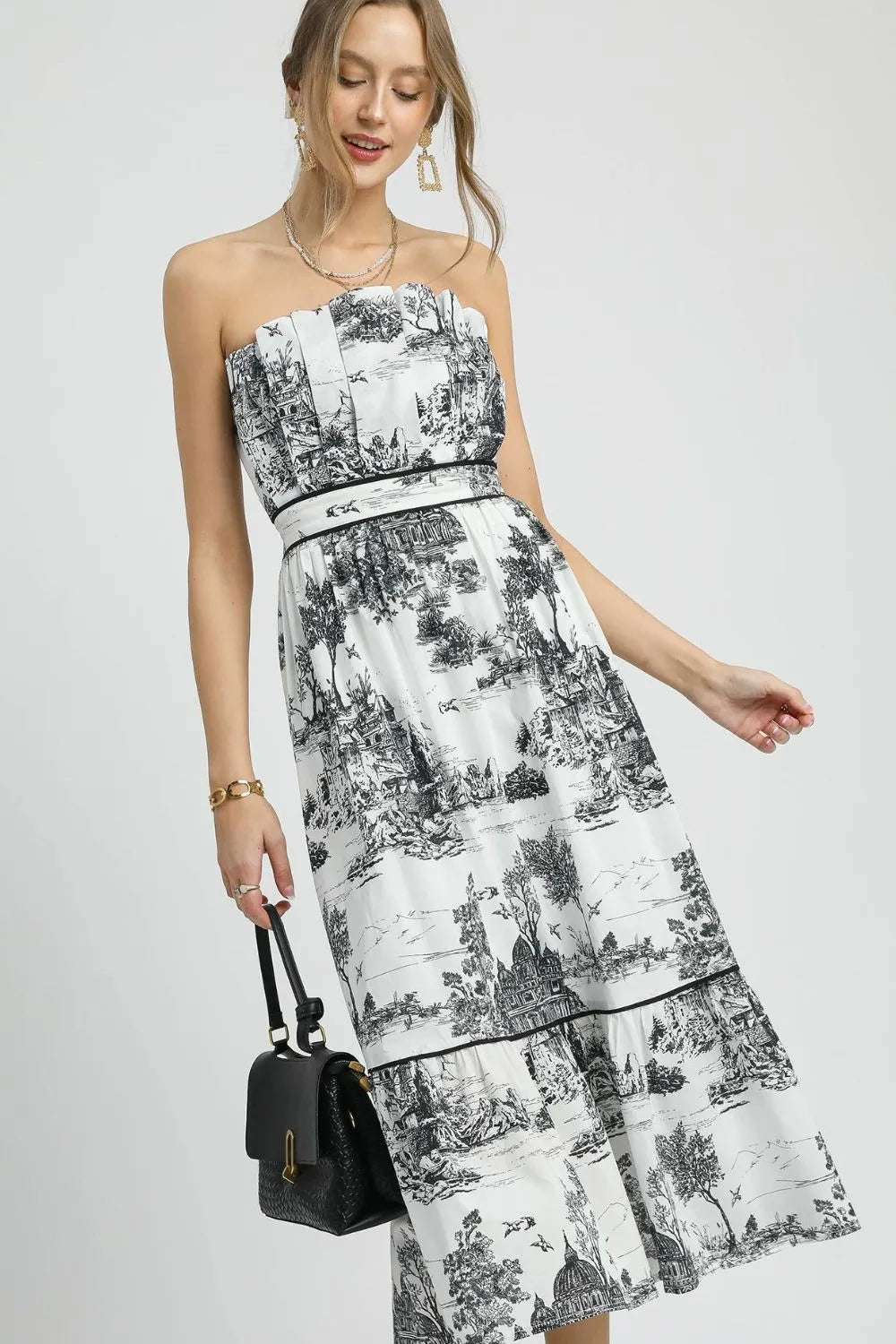 UMGEE - White & Black Toile Strapless Midi Dress