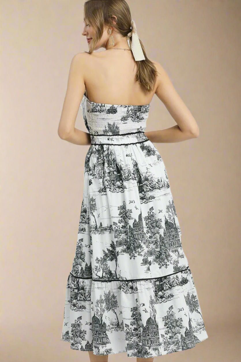 UMGEE - White & Black Toile Strapless Midi Dress