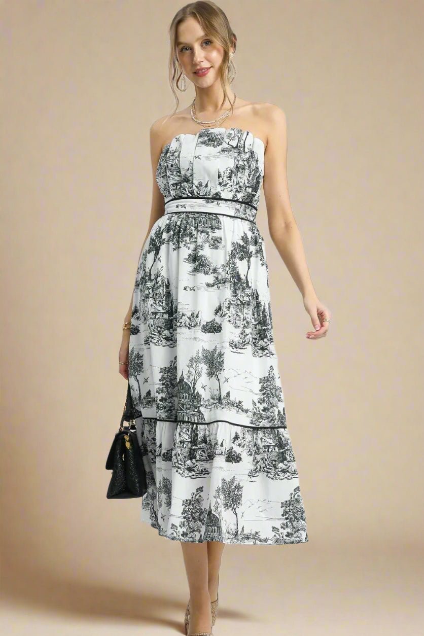 UMGEE - White & Black Toile Strapless Midi Dress
