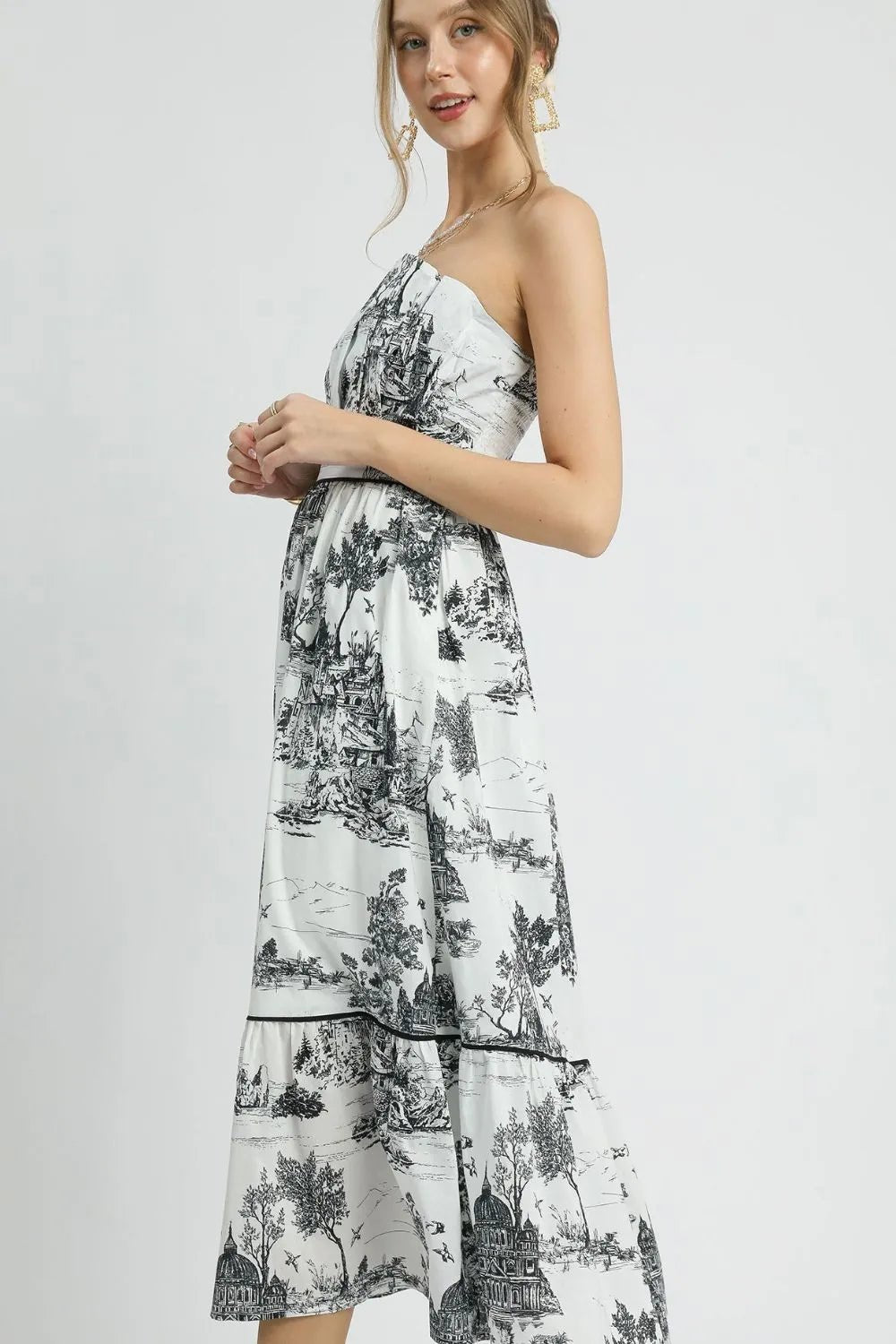 UMGEE - White & Black Toile Strapless Midi Dress