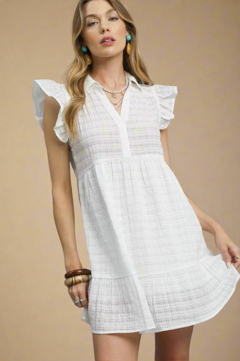 UMGEE - White Flutter Sleeve Collared Mini Dress